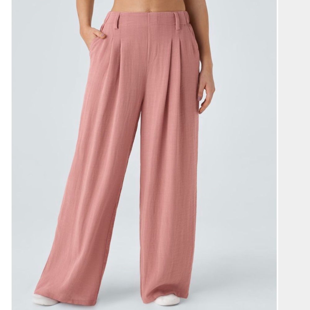 100% cotton linen wide leg pants pink